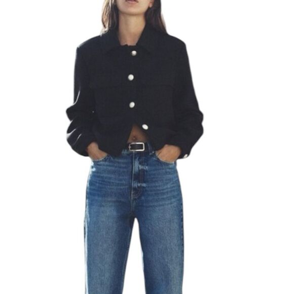 Zara Black Wool Blend Cropped Blazer Jacket Buttons XS - Picture 2 of 8